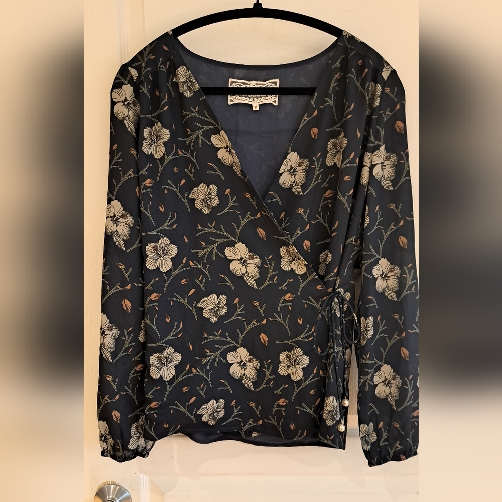 PINK MARTINI Cute Floral V-Neck Wrap Around Blouse - Steel Gray/Blue and Cream